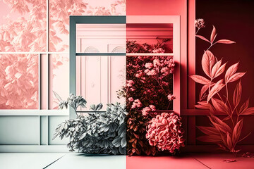elegant living room with window frame into the garden, abstract floral art decor, pink and white duotone, abstract spring flowers (generative AI) 3d render