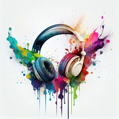 headphones in beautiful color splashes, generative AI