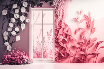 minimalistic fully pink room with luxury furniture, a glass door or window with a view into the blooming garden, hyper-realistic abstract floral art mural, decor, pink and white duotone, abstract spri