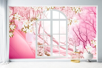 minimalistic fully pink room with luxury furniture, a glass door or window with a view into the blooming garden, hyper-realistic abstract floral art mural, decor, pink and white duotone, abstract spri