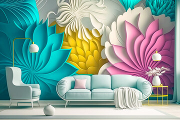 modern luxury living room scene with a spectacular hyper-realistic abstract mural of spring flowers in front of cozy elegant furniture, yellow, blue, teal & pink pastels, (generative AI)