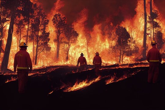 Firefighters team battle a wildfire because climate change and global warming is a driver of global wildfire trends. Generative AI