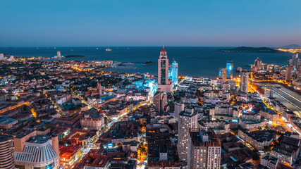 Naklejka premium Aerial photography China Qingdao modern urban architecture scenery night view