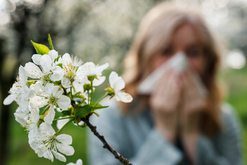 Woman sneezing and blowing nose in blooming park. Spring pollen allergy and hay fever. Selective focus on blossom - obrazy, fototapety, plakaty