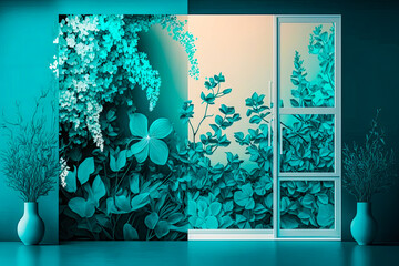 Hyper realistic abstract teal and white mural of spring flowers, cozy minimalistic luxurious living room with flowers in pots (generative ai) 3d render