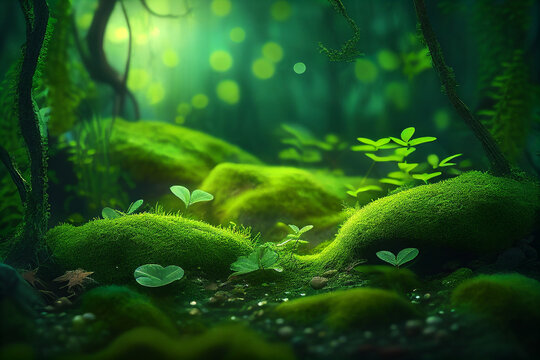 Magic morning light in mossy fairy tale forest landscape. Created with Generative AI technology.