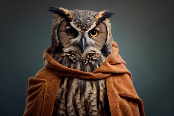 Owl wearing human clothing. Solid color background, studio style. Portrait photo. Generative AI.