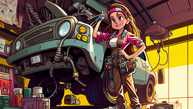 Female mechanic cartoon , working on a vehicle,car service. created with Generative AI technology.