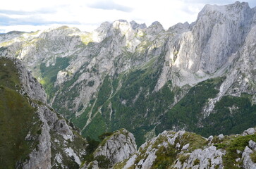 The mountains of the Prokletije National Park in the autumn near the Grebaje Valley of Montenegro. The Accursed Mountains. Albanian Alps.