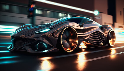 Obraz na płótnie Canvas Generative AI illustration of a Luxury Sport Car Racing Through City Streets at night, futuristic car drive fast