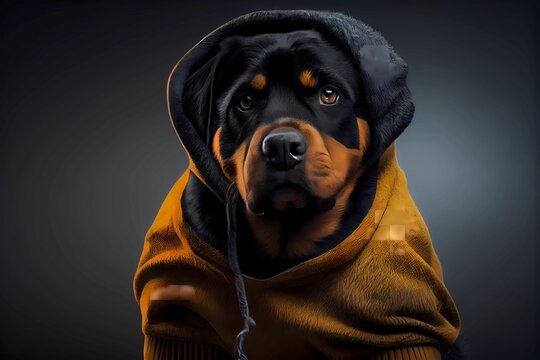 Rottweiler wearing human clothing. Solid color background, studio style. Portrait photo. Generative AI.
