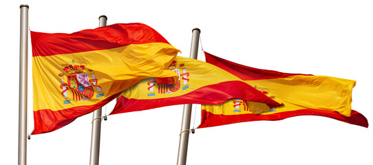 Close-up of three spanish flags (la Rojigualda) hanging on the flagpole, isolated on white or...