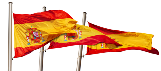 Close-up of three spanish flags (la Rojigualda) hanging on the flagpole, isolated on white or transparent background. Spain Square (Plaza de Espana), Madrid downtown, Spain, southern Europe, png.
