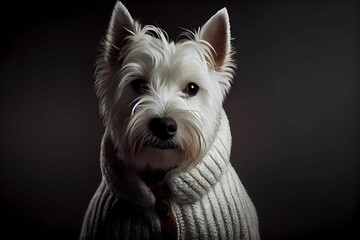 West Highland White Terrier wearing human clothing. Solid color background, studio style. Portrait photo. Generative AI.