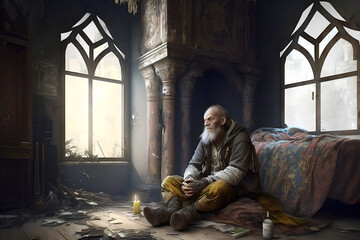 A bearded, dirty and homeless looking old man, sitting in his abandoned mansion after he lost everything to life due to mental illness, depression and bad luck.