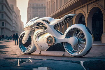 Futuristic unreal motorcycle parked on the street. Made with generative AI	