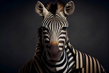 Zebra wearing human clothing. Solid color background, studio style. Portrait photo. Generative AI.