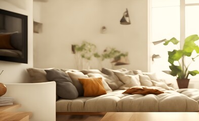 Wood tabletop blurred modern cozy living room. Ai generated.