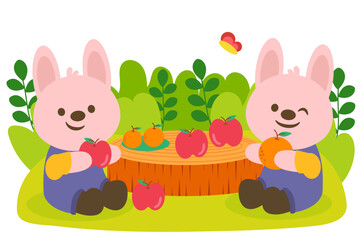 Rabbit couple eating fruit in park