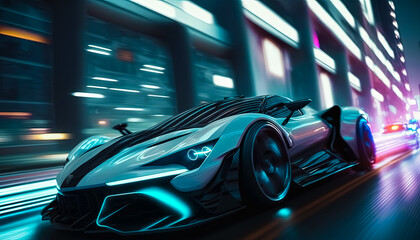 Obraz na płótnie Canvas Generative AI illustration of a Luxury Sport Car Racing Through City Streets at night, futuristic car drive fast