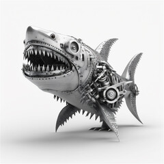 Fototapeta premium Shark robot from car engine parts isolated on white