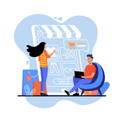 Online shopping blue concept with people scene in the flat cartoon style. Young couple choose clothes and make an order on the online store.