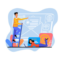 Blue concept Mail service with people scene in the flat cartoon style. Man checks his letter before sending it by e-mail.