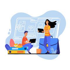 Blue concept Work from home with people scene in the flat cartoon style. Man and woman complete different tasks at home and earn money.