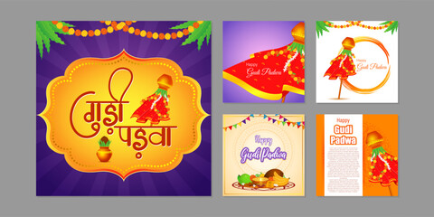 Fototapeta premium Vector illustration of Happy Gudi Padwa social media story feed set mockup template