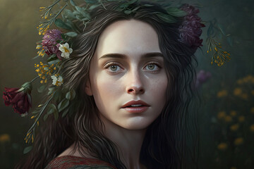 Fototapeta premium Beautiful woman portrait with flowers in the hair. Dark background. Valentine's Day. Spring concept. Illustration girl. Generative AI.