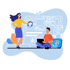 Online helpdesk blue concept with people scene in the flat cartoon design. Worker helps the boy find the information he needs.