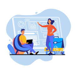Obraz premium Blue concept Business success with people scene in the flat cartoon design. Two business partners discus success of their company.