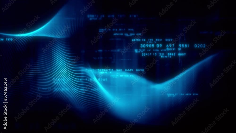 Poster Futuristic abstract de-focus data matrix, meta, metaverse, telemetry and encrypt numbers display with particles simulation in cyber space environment for head up display background