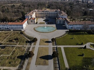 Aerial view of facade of the elegant Villa Reale in Monza, Lombardy, north Italy. Birds eye of the beautiful Royal Palace of Monza. Drone photography in Lombardia.