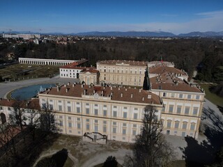 Aerial view of facade of the elegant Villa Reale in Monza, Lombardy, north Italy. Birds eye of the beautiful Royal Palace of Monza. Drone photography in Lombardia.
