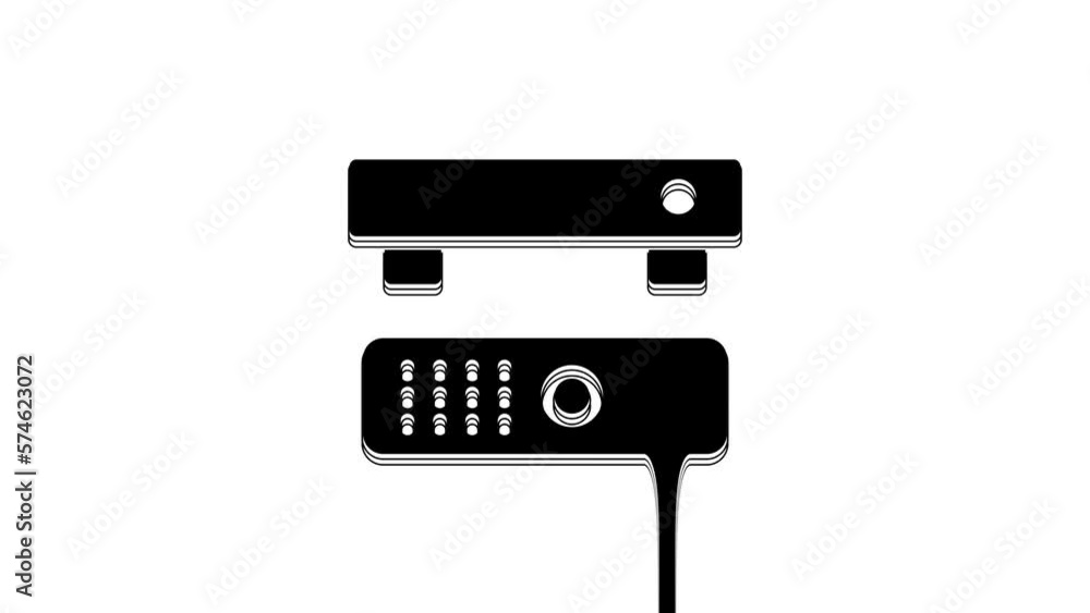 Poster black multimedia and tv box receiver and player with remote controller icon isolated on white backgr
