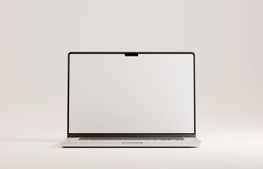 Macbook pro style mockup laptop on blank white studio background. Template empty white screen.