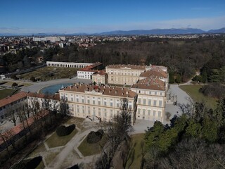 Aerial view of facade of the elegant Villa Reale in Monza, Lombardy, north Italy. Birds eye of the beautiful Royal Palace of Monza. Drone photography in Lombardia.