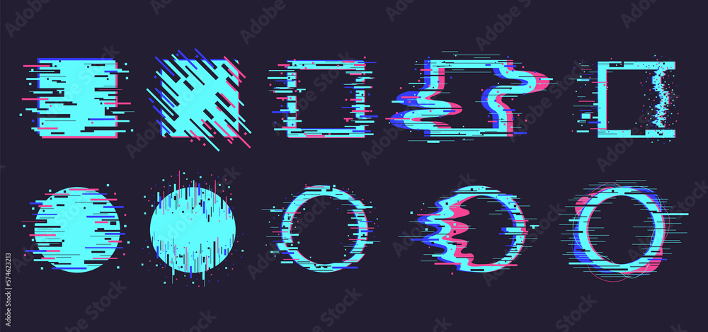 Poster distortion dynamic square and circle elements, technology noise defect, geometry figures isolated sy