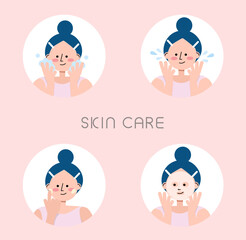 スキンケアのイラスト(洗顔・化粧水・乳液・パック)のセット