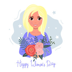 8 march, International Women's Day. Vector template with lettering design. Vector illustration.