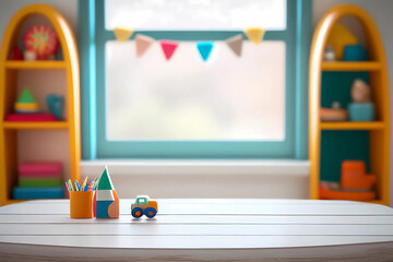 Empty table with blurred children room. Generative ai design.