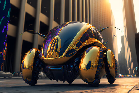 Modern futuristic car with bettle design in city center. Neural network AI generated art