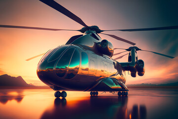 Fototapeta na wymiar Modern futuristic army helicopter transport in city center. Neural network AI generated art