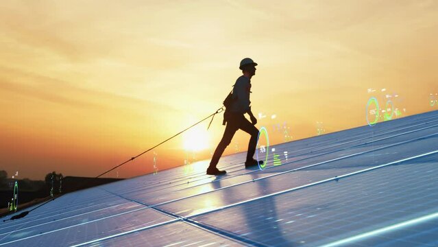 Professional Male Maintenance Engineer With Safety Belt Attached Walking Up Industrial Solar Panel. Man Inspecting Sustainable Energy Source With VFX Infographics Animation Showing Relevant Data.