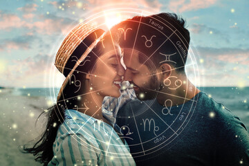 Horoscope compatibility. Loving couple on beach and zodiac wheel