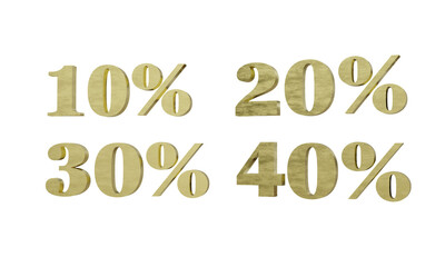 3d numbers 10, 20, 30, 40 percent golden sale on transparent background. For web, ux, ui