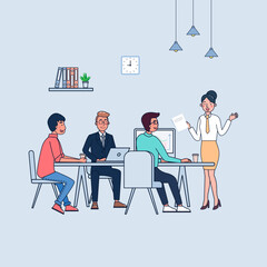 Business staff talking and working at the computers and chart in meeting room. flat illustration vector design