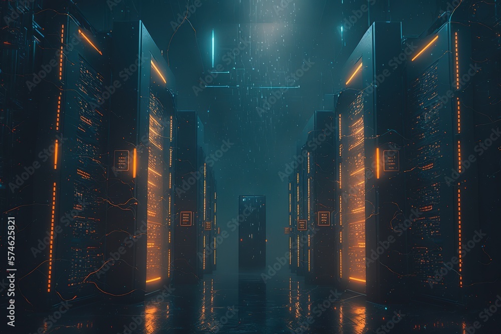 Poster server room with servers of information cloud storage.futuristic, modern illustration. innovative te