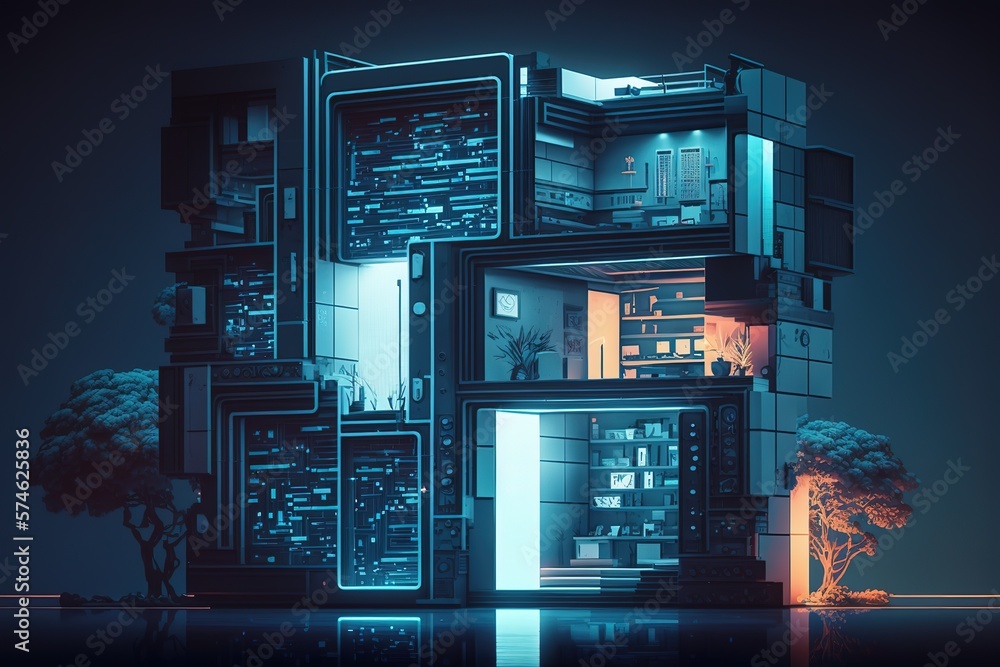 Poster Development architecture computer systems of smart building. Futuristic, modern illustration. Innovative technologies. Generative ai